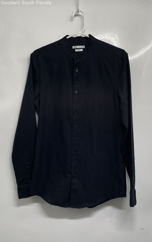 Zara Mens Black Collared Long Sleeve Slim Fit Button-Up Shirt Size Small