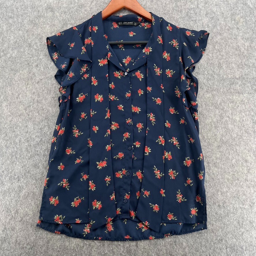 Zara Womens XS Navy Blue Floral Ruffle Tie Front Blouse Sleeveless