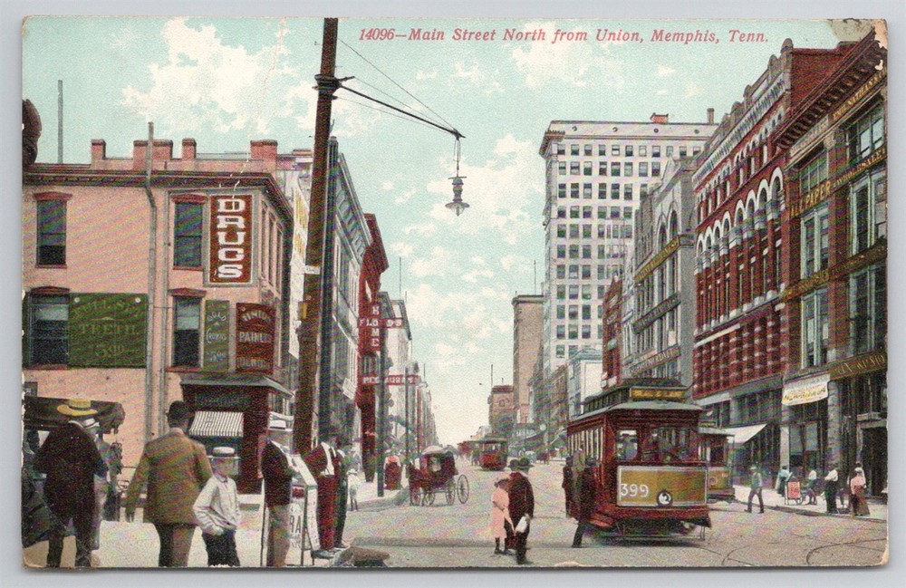 Main Street North From Union Trolley Horse Cart Memphis TN C1910s Postcard AJ2