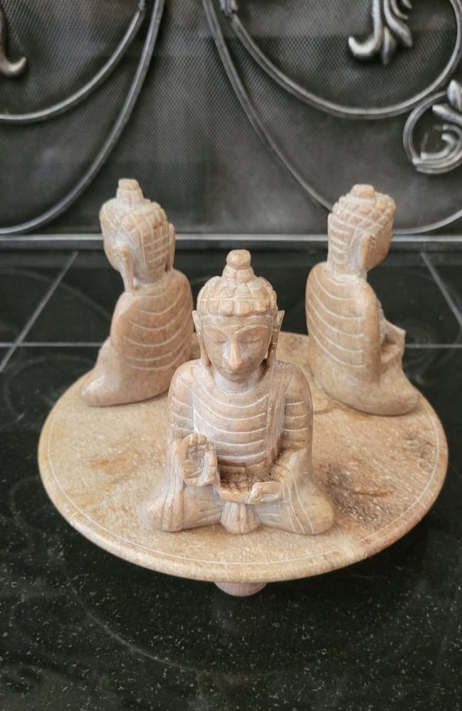 VTG SOAPSTONE MARBLE CIRCULAR 3 BUDDHA BUDDHIST CANDLEHOLDER  PLANT HOLDER