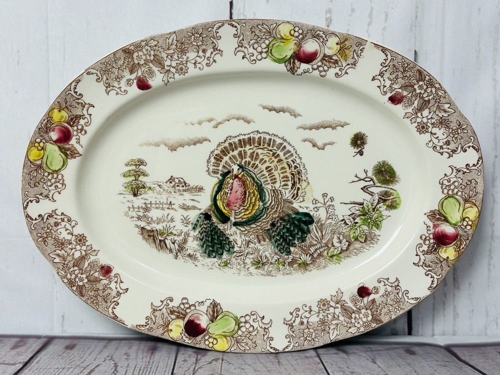 Thanksgiving Turkey Serving Platter 16” X 12” Ceramic Colonial Style Vintage