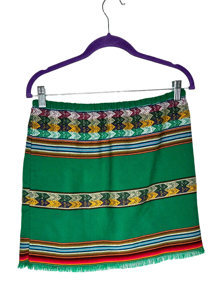 Inca Pattern Mini Skirt Women's Large Green Elastic Waist Fringe Colorful