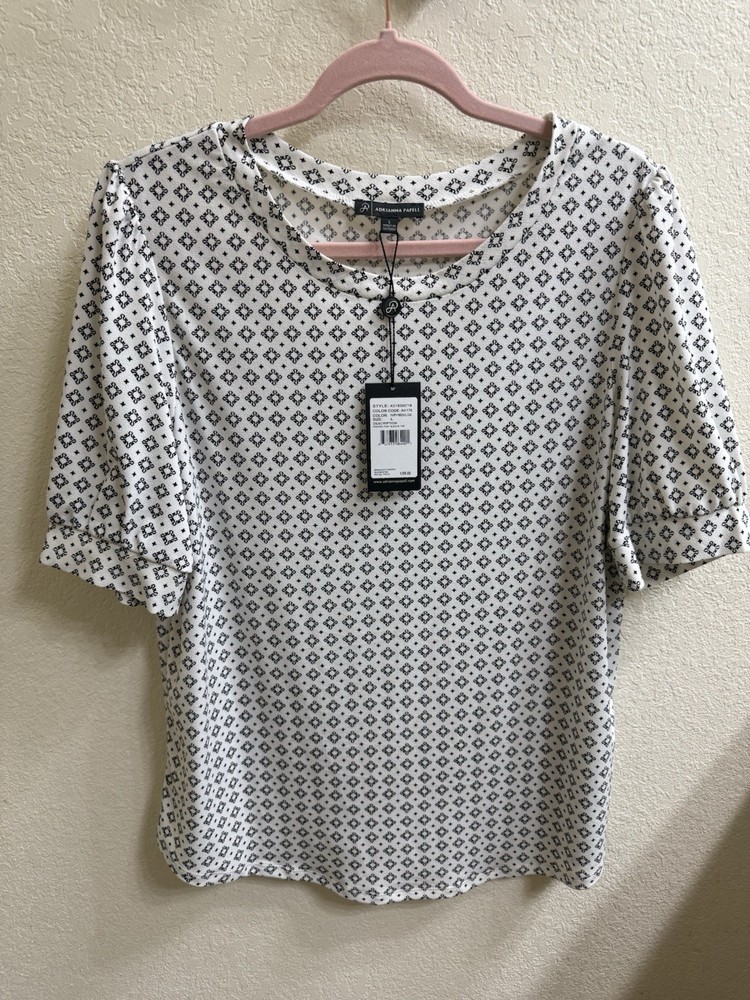 Adrianna Papell Women's Short Sleeve White With Black Print, Top Size L