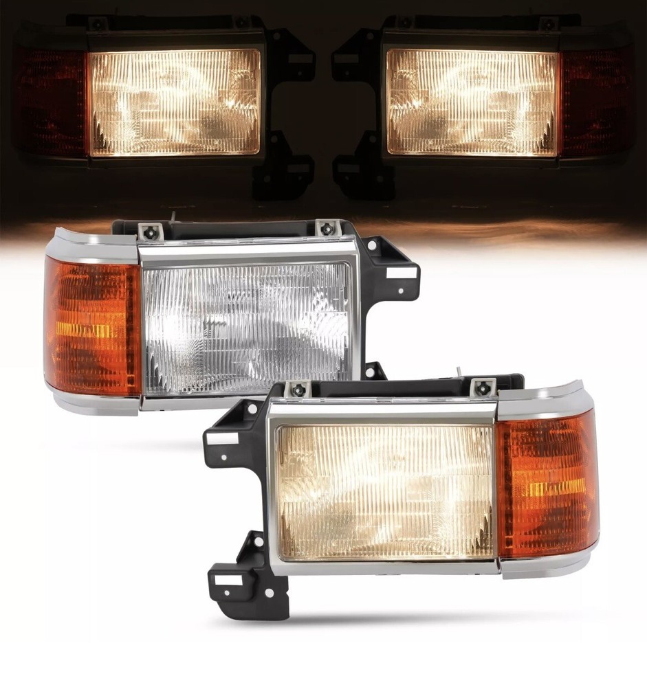 Pair Headlights Lamps For Ford Bronco F-Series Truck 87-91 w/ Chrome Trim LH+RH