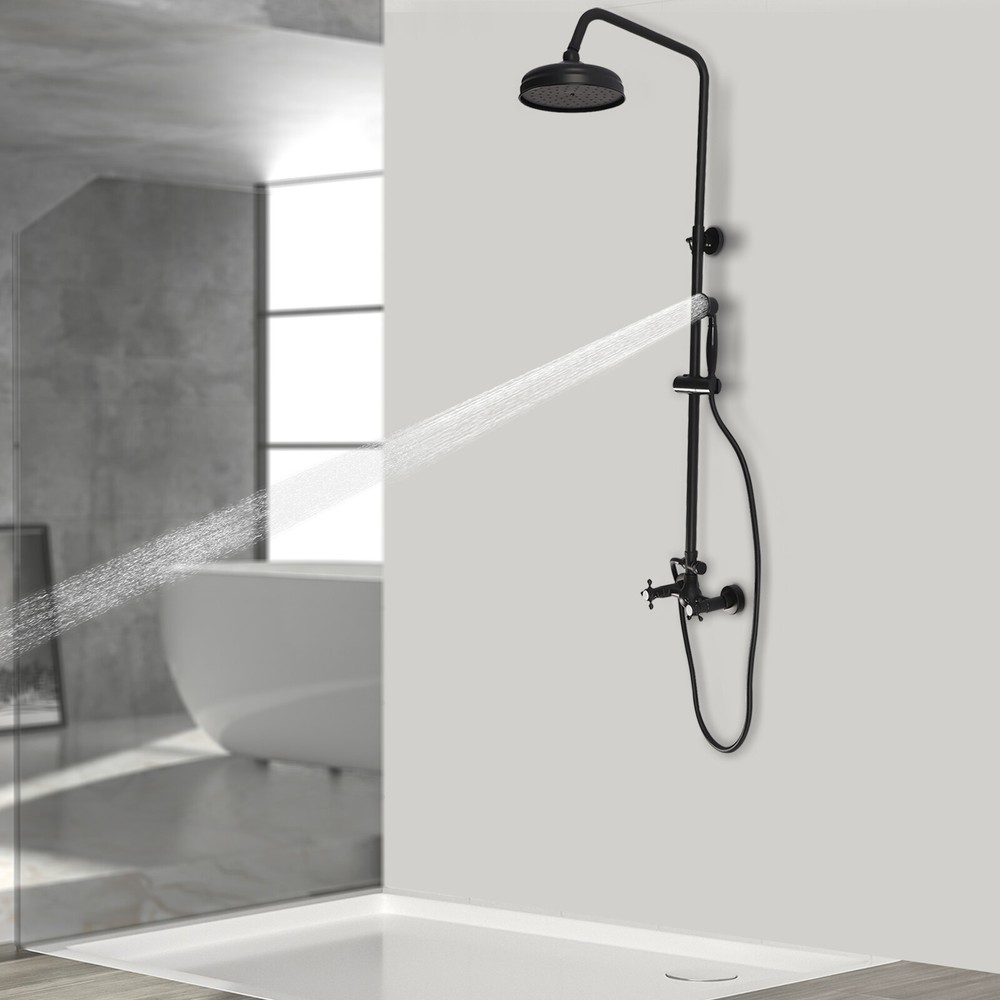 Wall Mount 8 Inch Exposed Shower Faucet Set with Rain Hand Shower and Dual Knobs