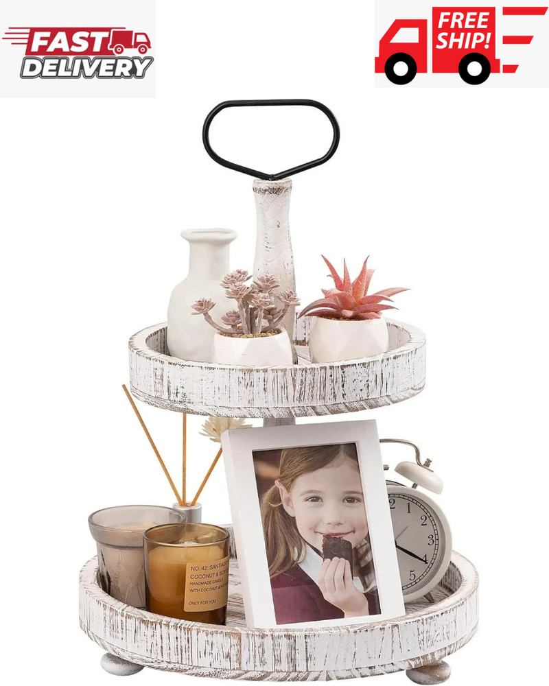Farmhouse Two Tiered Wooden Tray Stand 2 Tier Wood Round Decorative Tray with...