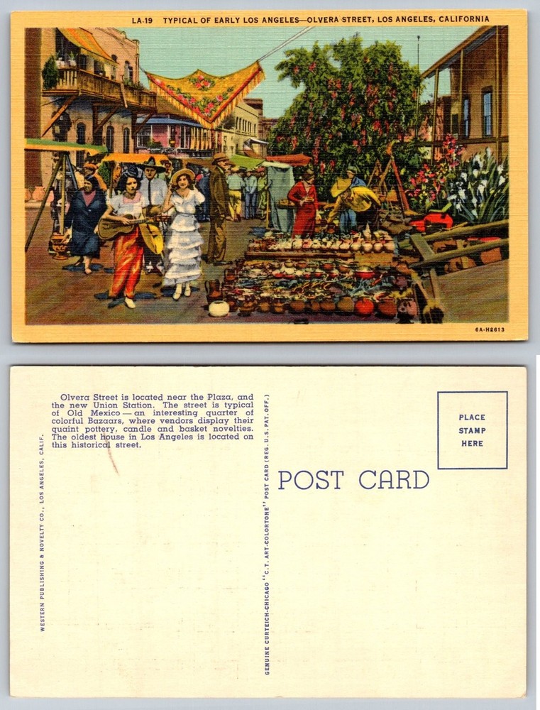 Olvera Street Los Angeles CA Linen Postcard 1936 Old Mexico Bazaar Vendors