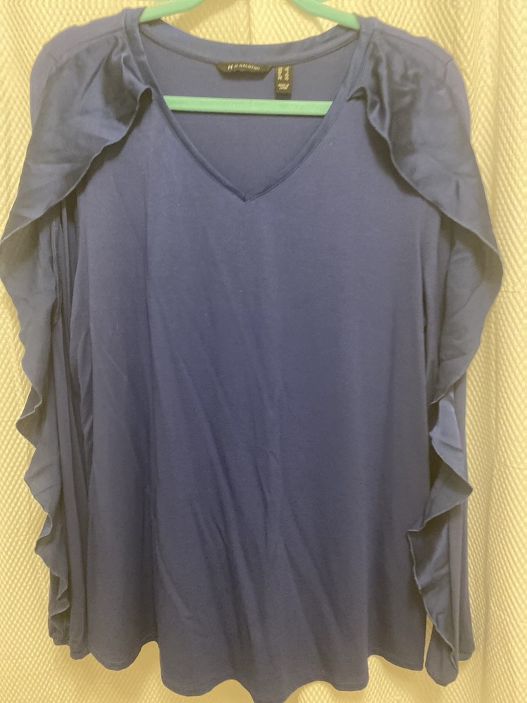 $90 H Halston Women's Blue Long-Sleeve Gathered Neck Blouse Shirt Size XL