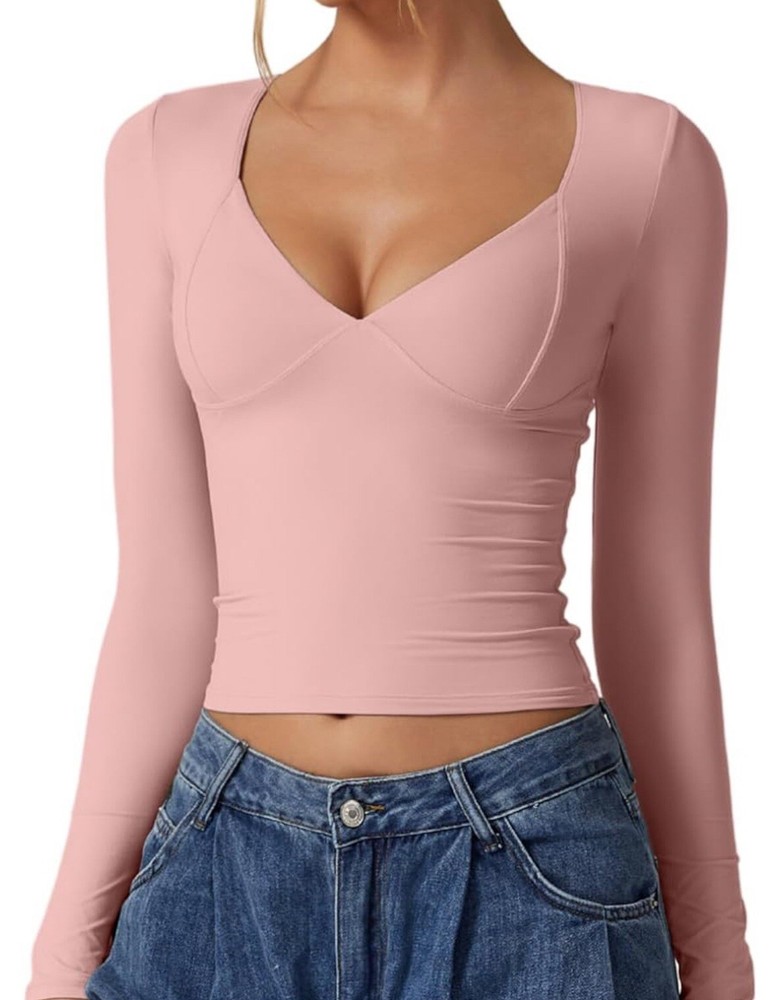 QINSEN Women's Sexy V Neck Shirt Long Sleeve Double Lined Tees Fitted Sz XSmall