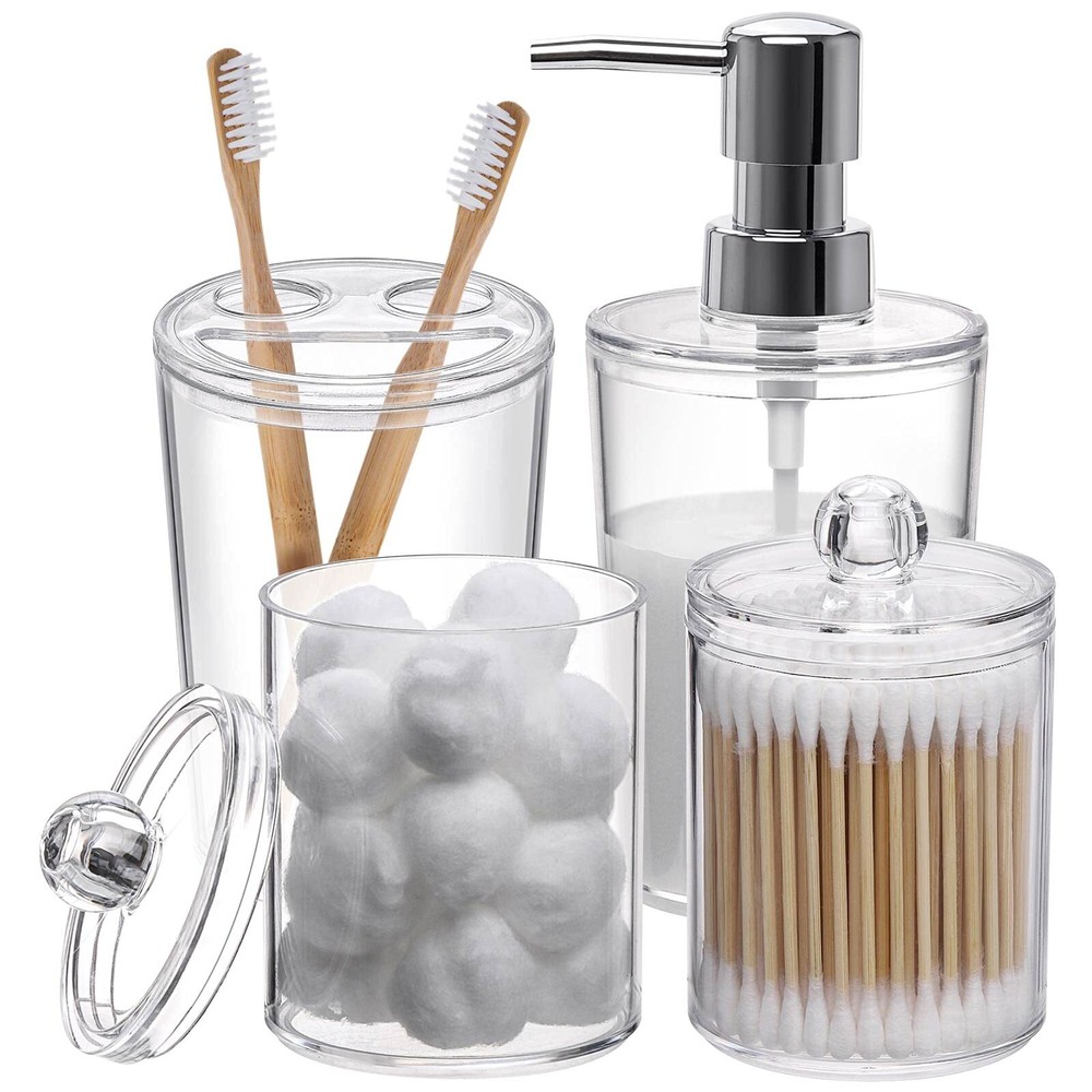 Clear Plastic 4-Piece Bathroom Set with Soap Dispenser & Q-Tip Holders