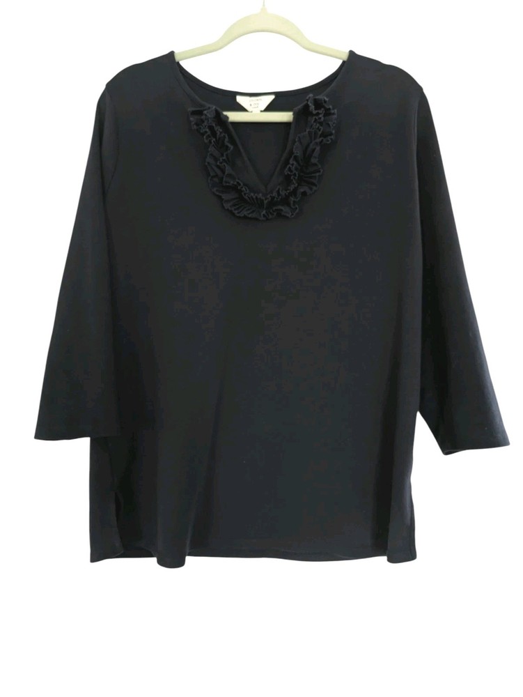 Crown & Ivy womens Size 1X Navy Blue Ruffle V Neck Top Cotton