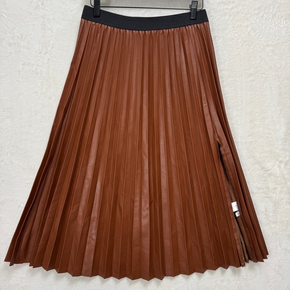 7th Avenue New York & Company Skirt Womens S Brown Faux Leather Pleated Midi