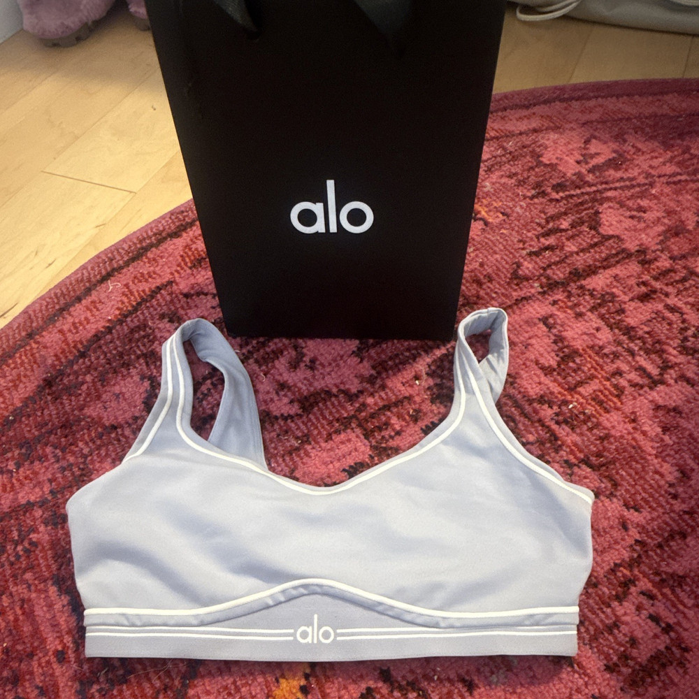 Alo Airbrush Heart Throb Blue Sports Bra Medium Support Crossback Stretch