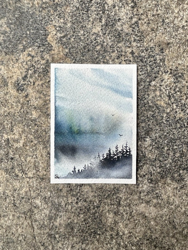 Misty Day 2-Original Watercolor ACEO Painting 2.5x3.5 ATC Card By Jenny Aleksi