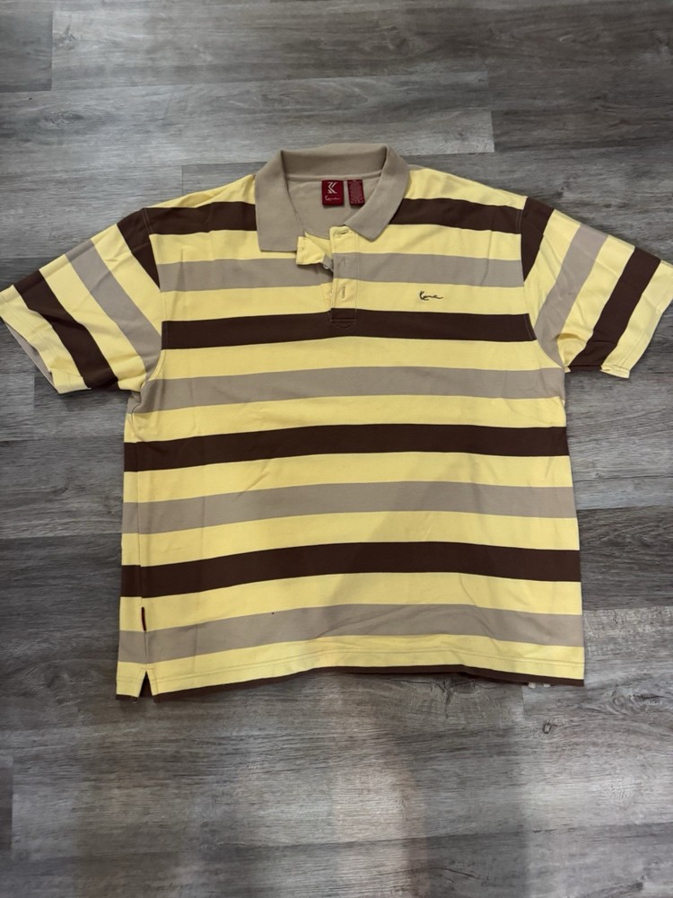 Vintage Karl Kani Gold Polo 3XL Brown Striped Streetwear Ecko Fubu Cross Colours