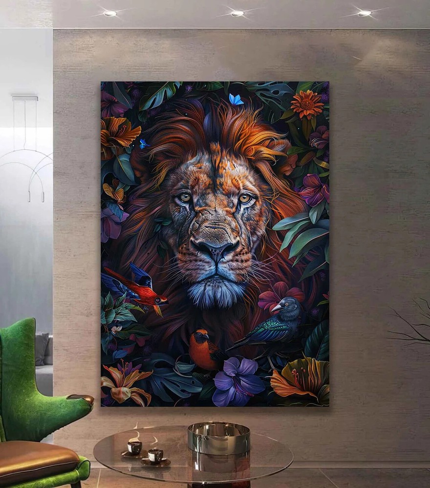 Lion Among Plants, Maned Lion Among Flowers Wall Art Canvas Unframed Print Art