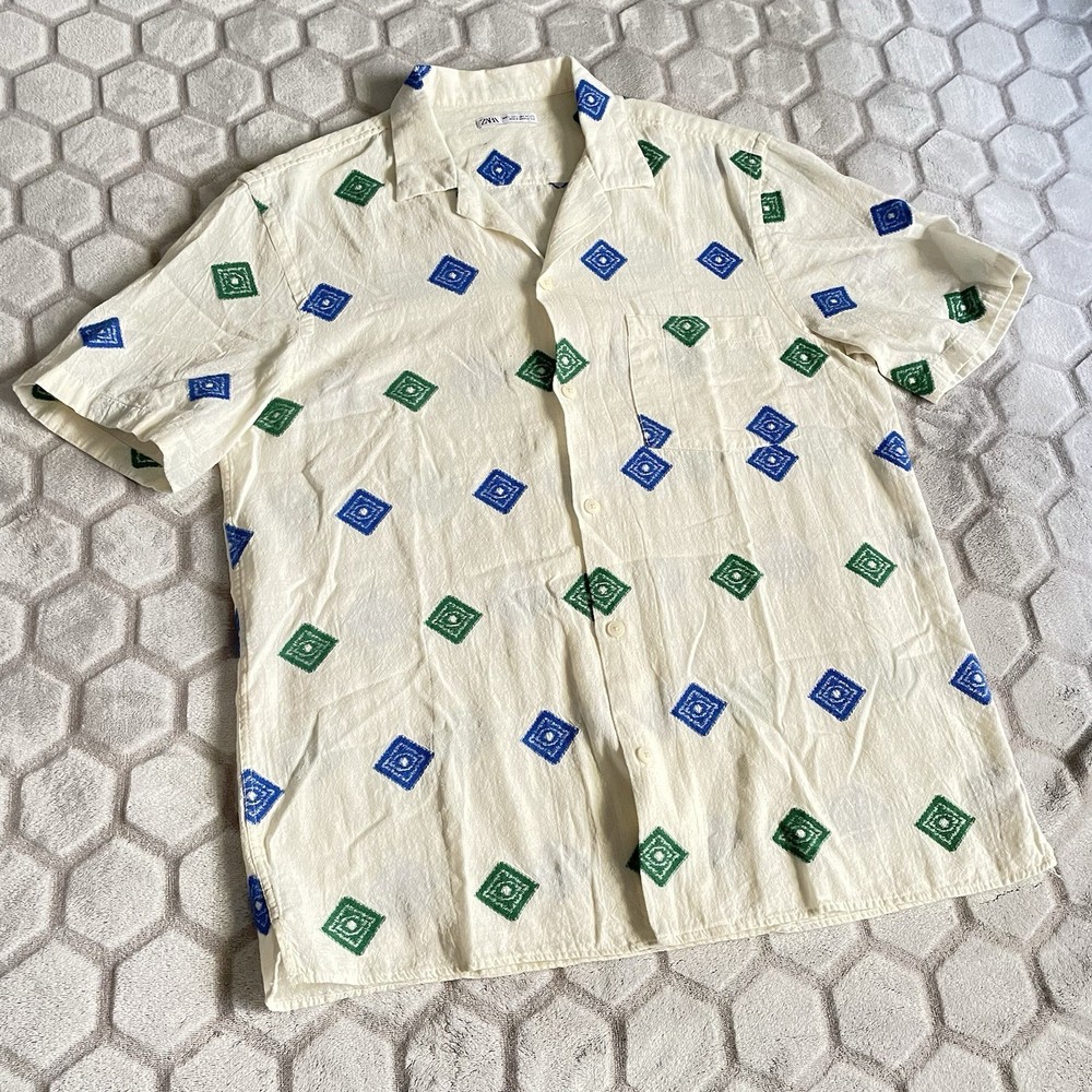 Zara Men's White Short Sleeve Jaquard Geometric Green Blue Diamond Shirt Size L