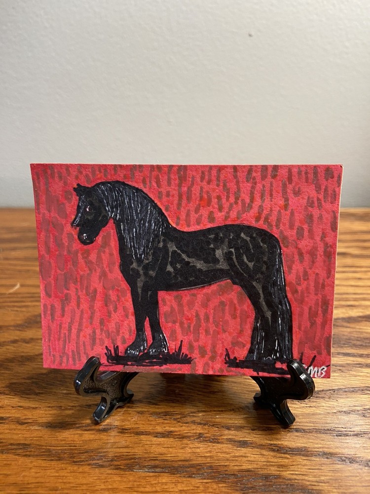 ACEO Horse Friesian stallion art card. By Shawna Marie Bloom. Original painting.