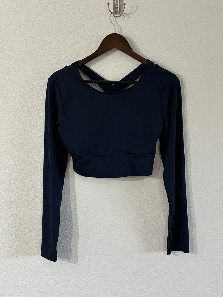 Women’s Seamless Fitted Long Sleeve Crop Tee Size Large Navy Criss Cross Back