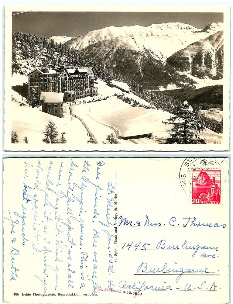 S02-6467, ST. MORITZ, KURANSTAL, CHANTARELLA, SWISS C1930S TO USA, RPPC