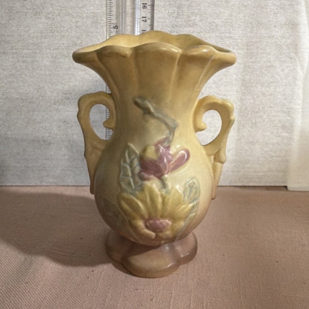 Hull Art USA-13 Vintage Floral Art Pottery Vase Yellow Pink Green 5 in USA