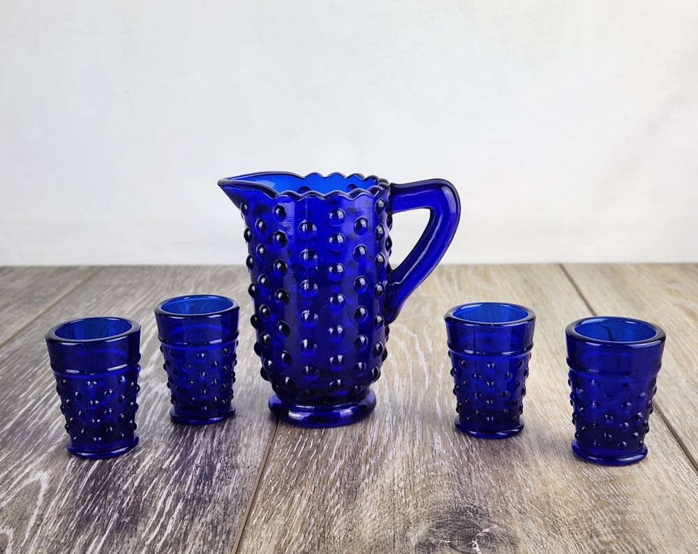 Cobalt Blue Hobnail Miniature Pitcher and Glass Set – Retro Mini Decor
