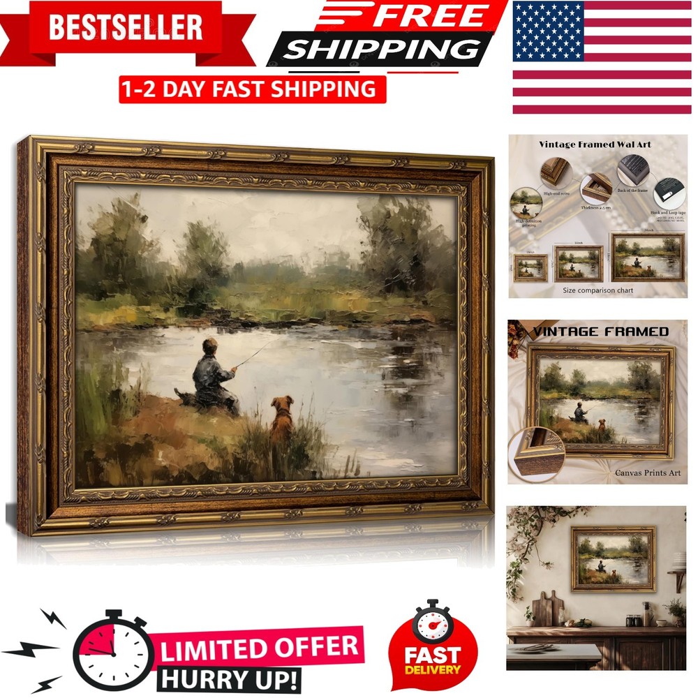 Vintage Gold Framed Wall Art Boy Fishing Country Painting Picture Peaceful Lake