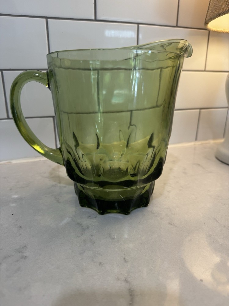Vintage Avocado Green Indiana Glass Thumbprint Tea Water Pitcher