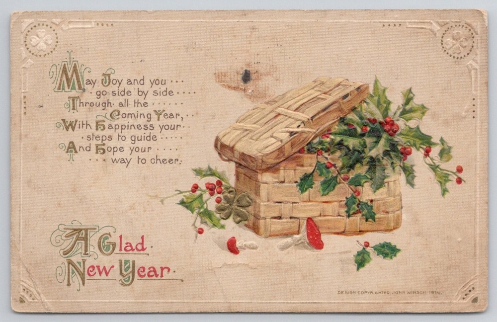 1914 John Winsch New Year Postcard Embossed Holly Basket Santa Ana CA