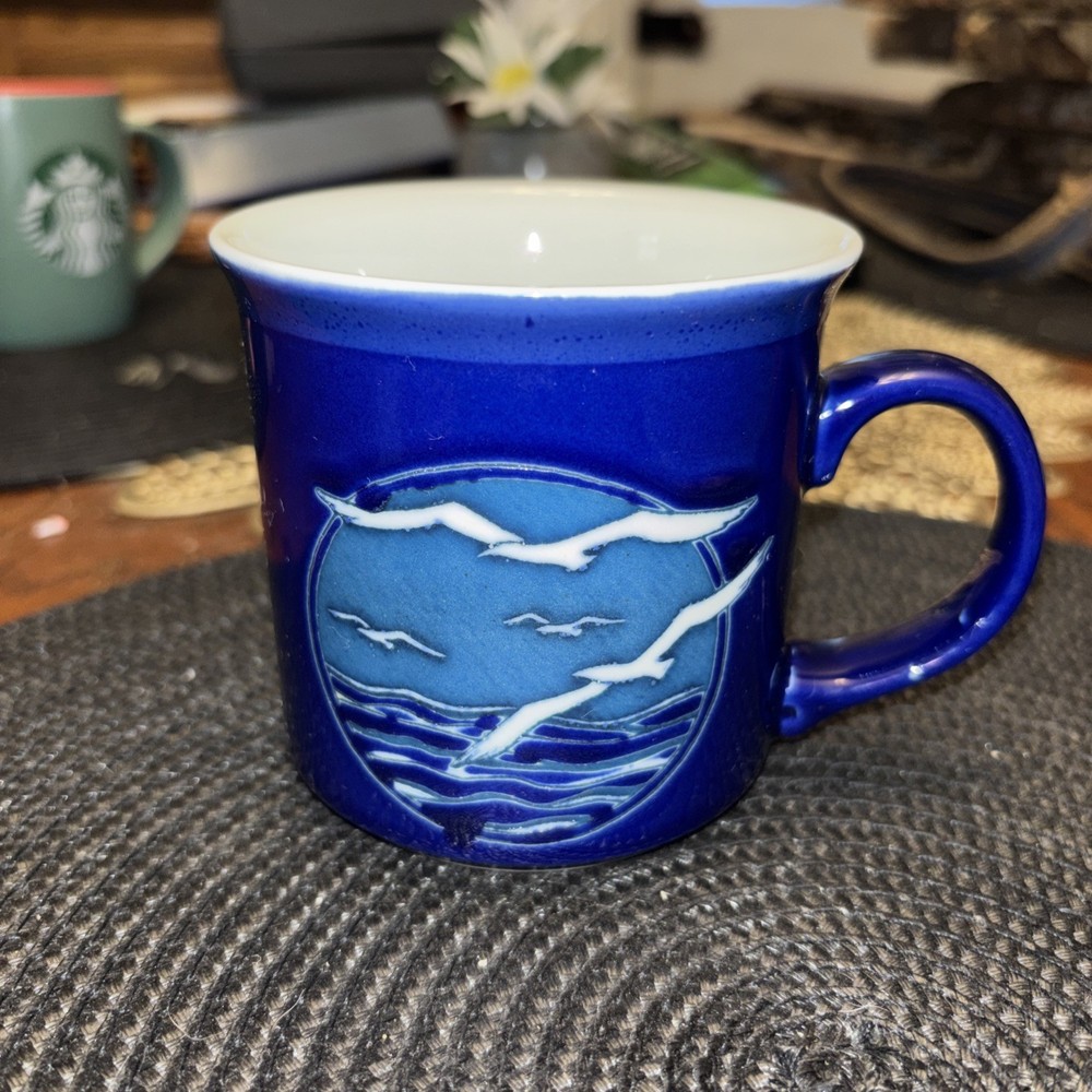 VTG Otagiri Blue Seagull Ocean Scene Embossed Ceramic Mug Japan 3.5 In