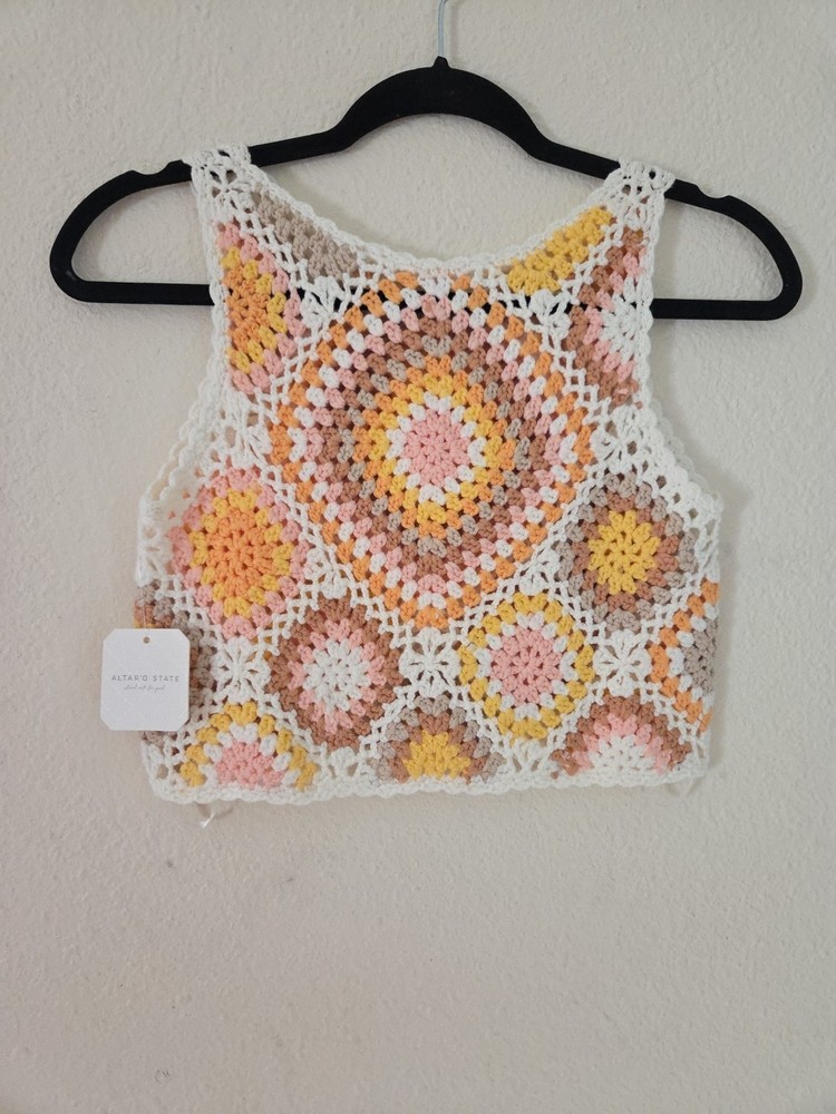 Womens Altard State Ivory Orange Crochet Tank Top Sz Xs