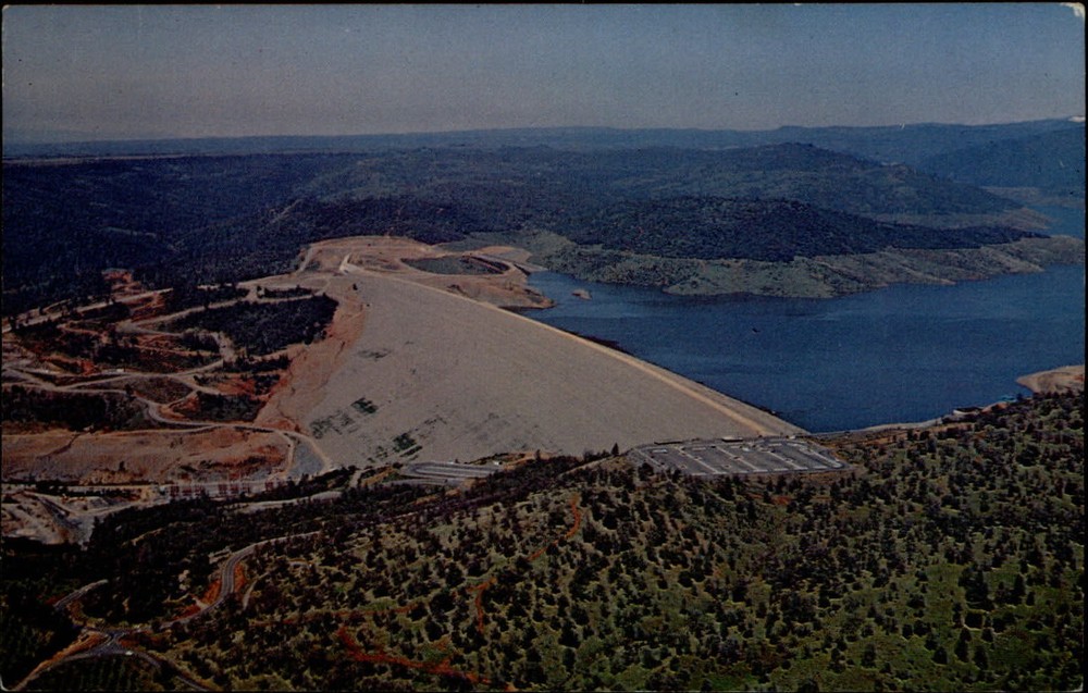 Lake Oroville California Dam aerial view unused vintage postcard