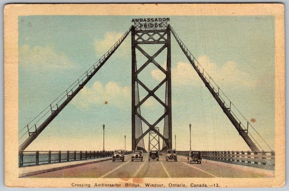 Vtg Linen Postcard Ambassador Bridge Windsor, Ontario, CA 1940s
