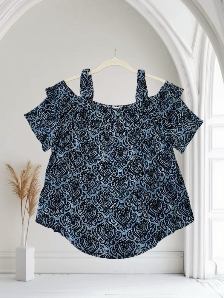Cato Cold Shoulder Ruffle Top Women’s Size Medium Medallion Print Boho Chic