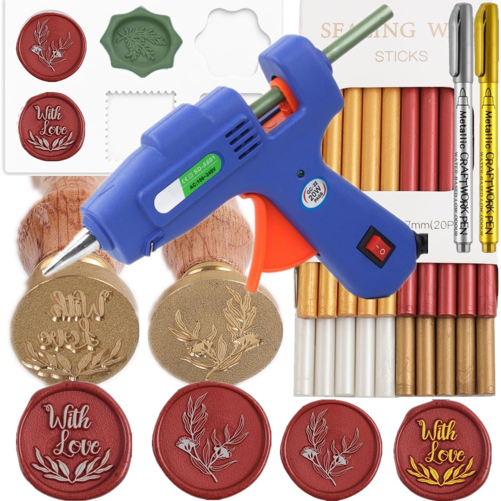 Wax Seal Kit with 20 Wax Sticks and Glue Gun for DIY Crafts and Letters