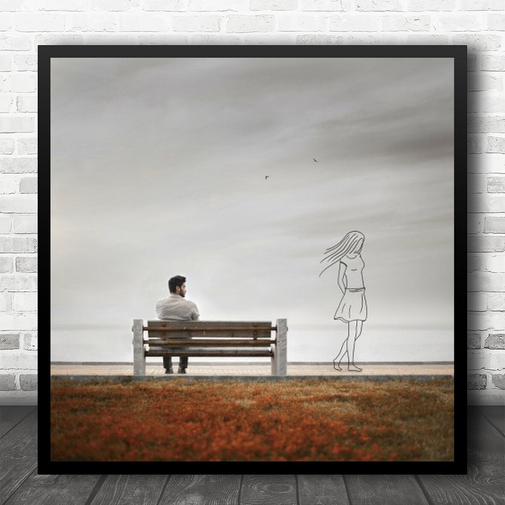 Bench Missing Longing Sketch Person Conceptual Sitting Long Miss Square Print