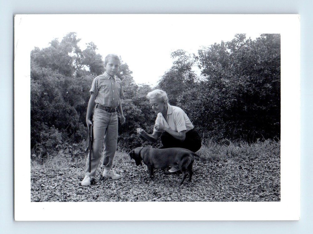 Old Vintage Photo WOMAN BOY RIFLE GUN DACHSHUND WIENER DOG SNAPSHOT PIC