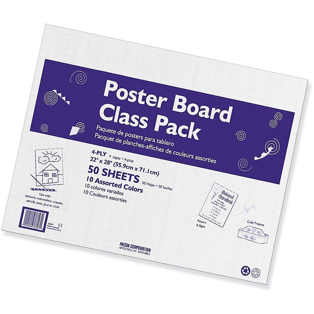 Pacon Poster Board Classroom Pack, 22 x 28 Inches, 4-Ply Thickness Assort Colors