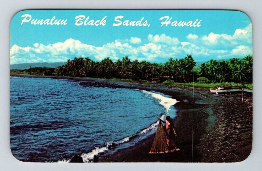 Punaluu Black Sands HI-Hawaii Fisherman Walking Along The Shore Vintage Postcard