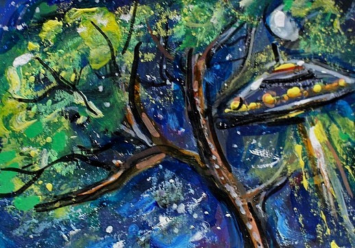Original ACEO Painting UFO Spaceship Stars Night Alien TREES Universe ATC ART