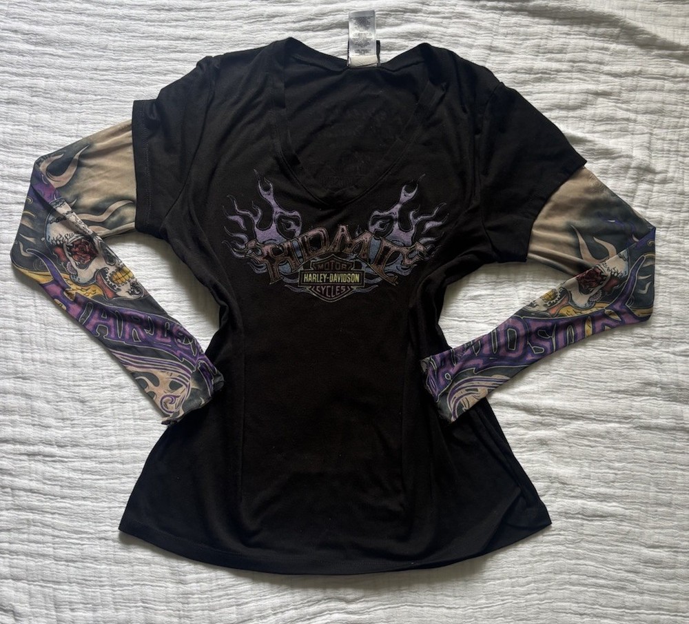 2000s Women’s Harley Davidson Tattoo Sleeve Top L