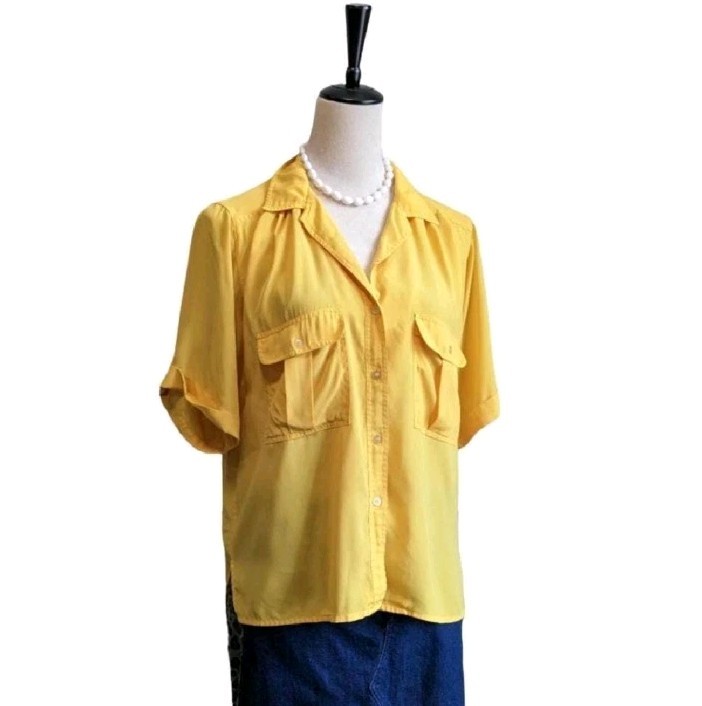 Vintage 90s Blouse Womens Size 10 Yellow Short Sleeve Button Up Shirt Flawed