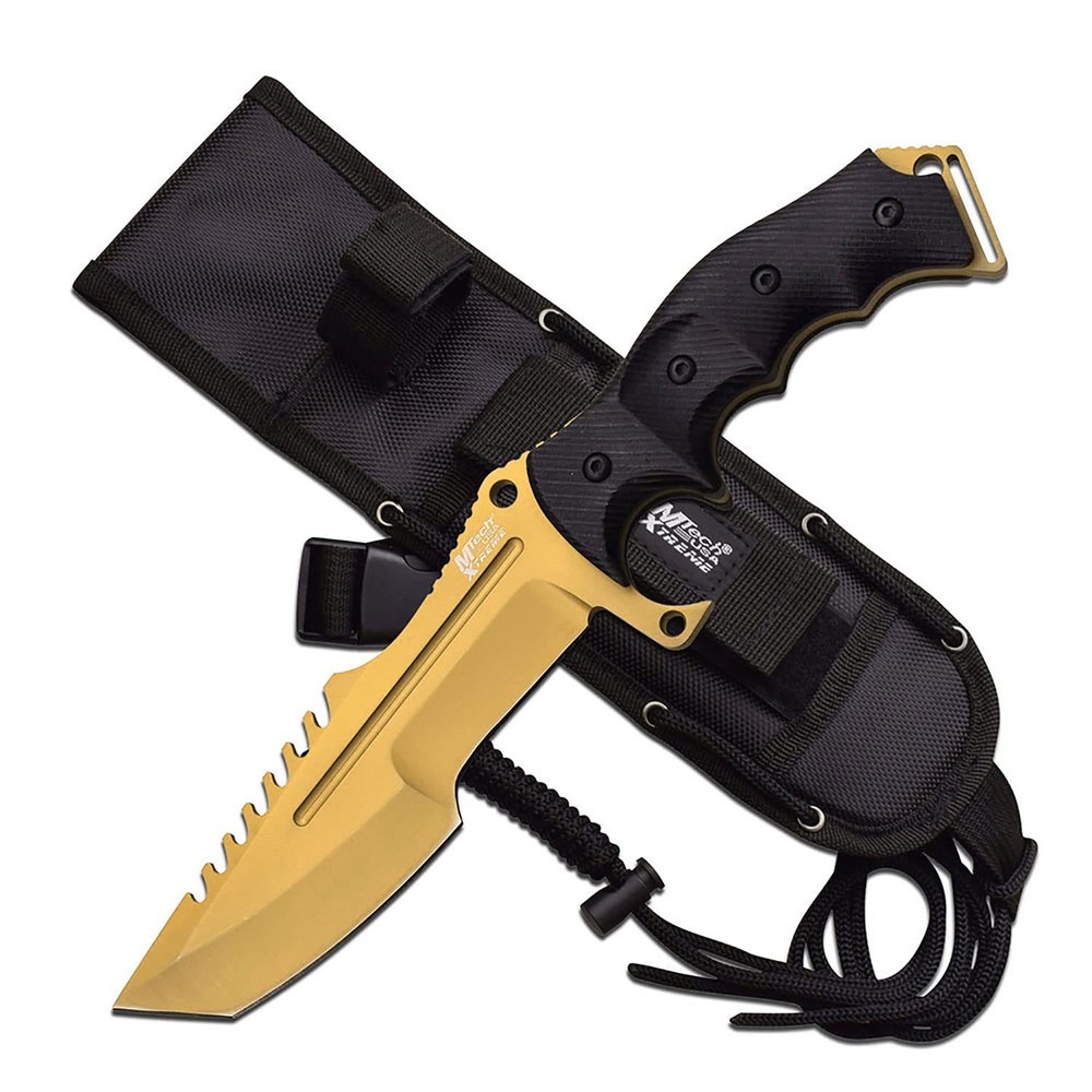MX-8054GD Tactical Fixed Blade with Gold Titanium Tanto Blade and Black G10 Handle