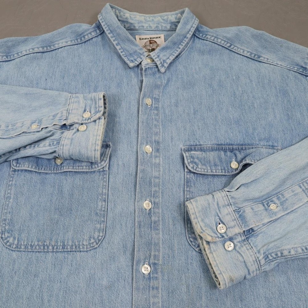 VTG Banana Republic Denim Shirt Mens XL Blue Long Sleeve USA Safari Western