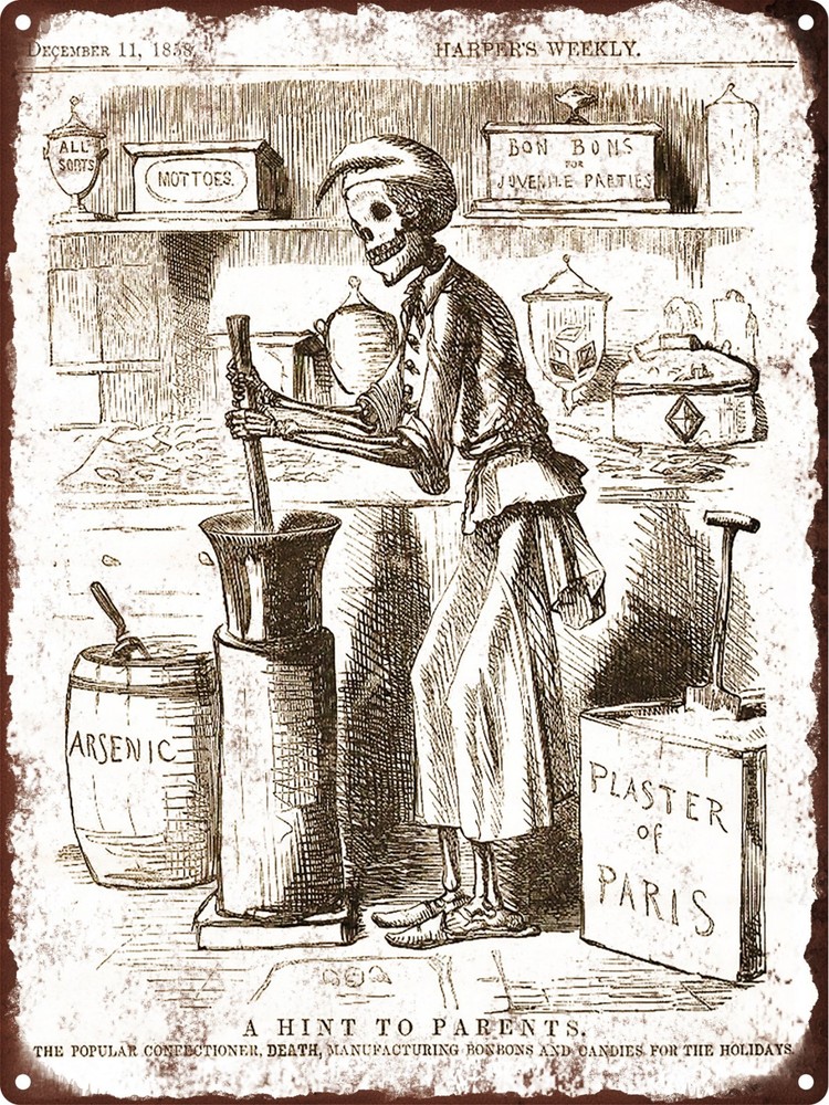 Vintage 1858 Halloween Skeleton Candy Metal Sign Repro 9x12 Retro Decor