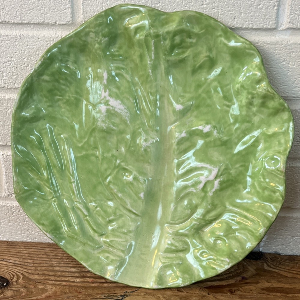 Vintage Lettuce Leaf Green Ceramic Majolica Plate Leaf Shape Glossy 12 in