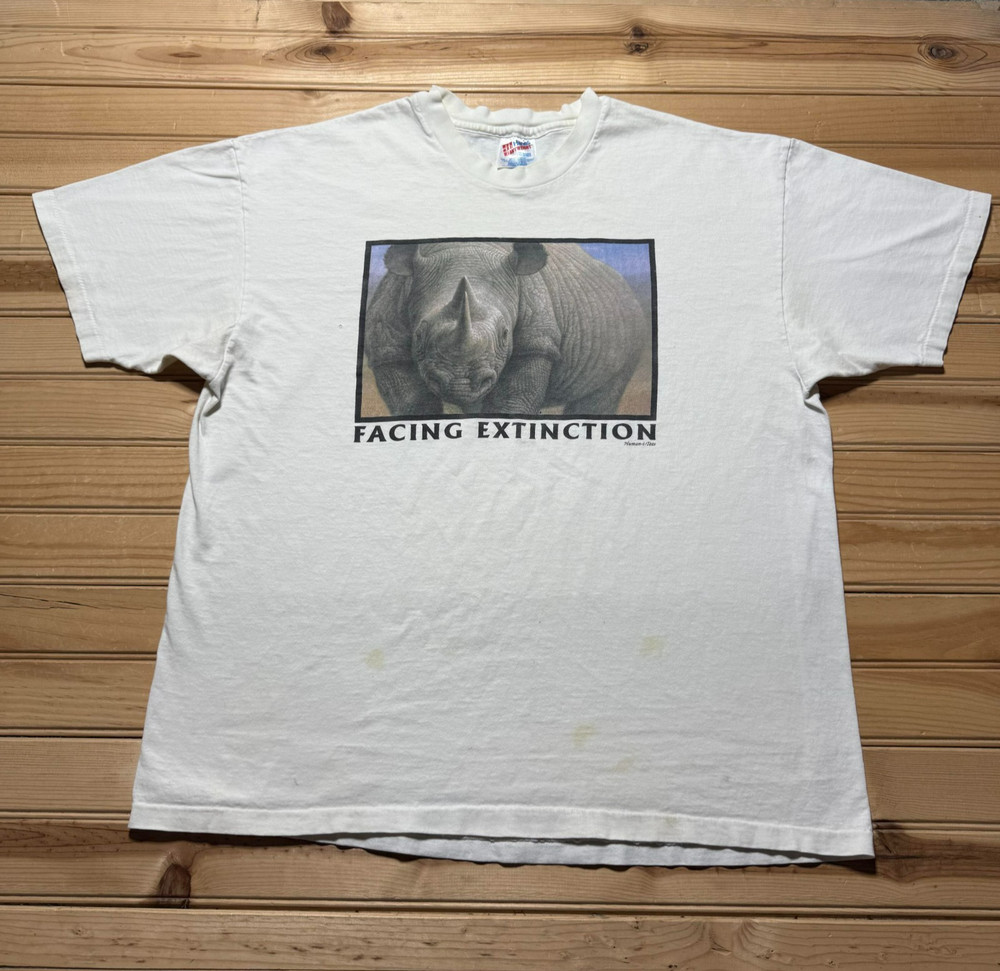 Vintage 90s Rhino Facing Extinction Nature Wildlife Single Stitch Shirt Size XL