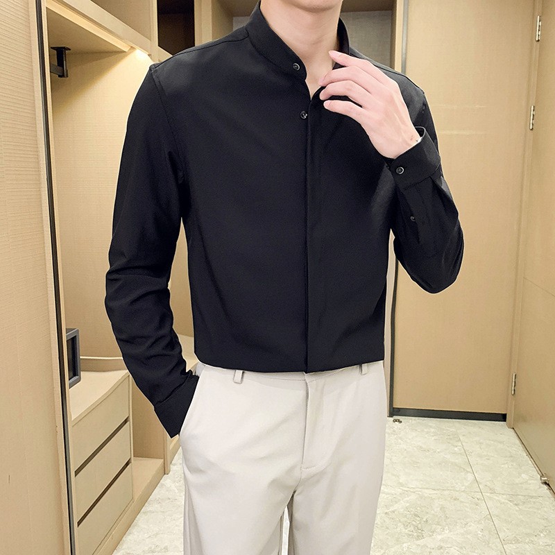 Stand Collar Long Sleeved Shirt Men's Korean Slim Shirt Autumn Solid Color Shirt