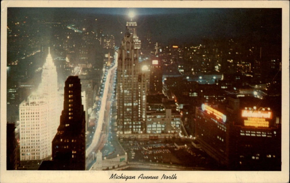 Chicago Illinois Michigan Avenue night aerial view neon lights ~ postcard sku403