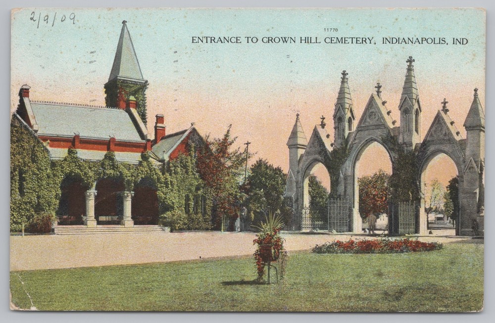 State View~Indianapolis Indiana~Entrance to Crown Hill Cemetery~Vintage Postcard